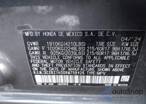 2024 Honda Hr-V 2Wd Lx from USA, damaged, VIN 3CZRZ1H30RM758426